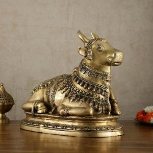 Brass Nandi Statue | 16.5" x 20" x 9" | 19.50 kg | Vintage Antique Tone | Traditional Hindu Temple Bull Sculpture | Sacred Art | Jaipurio